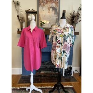 Chico's 3 Floral Pink Button Down Short Sleeve Shirts Rayon Soft Modal XL LOT